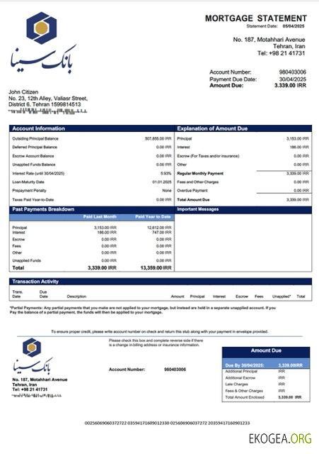 Modèle Word et PDF de relevé hypothécaire de l'Iran Sina Bank